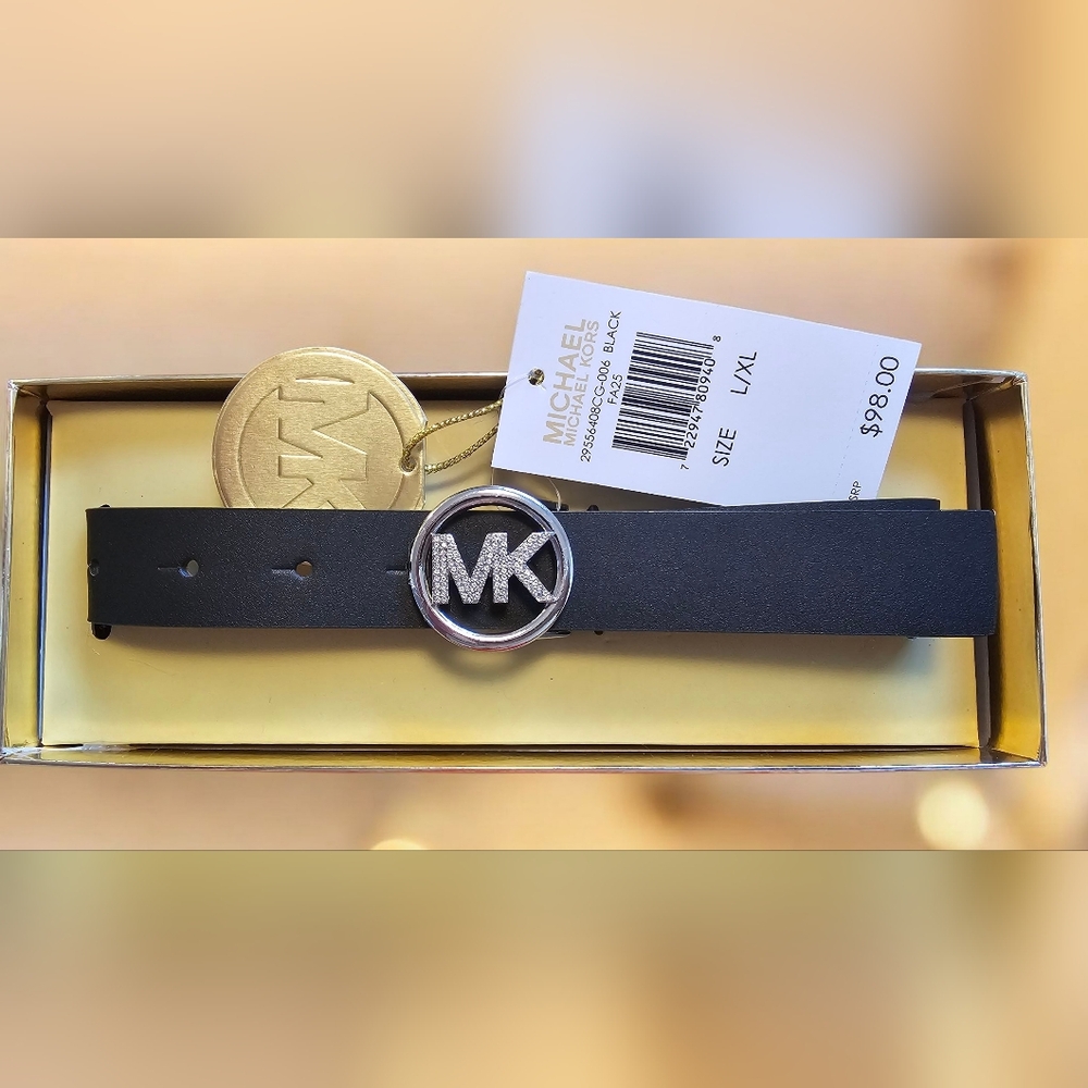 Michael Kors Dark Belt with Shiny Silver Logo Buckle